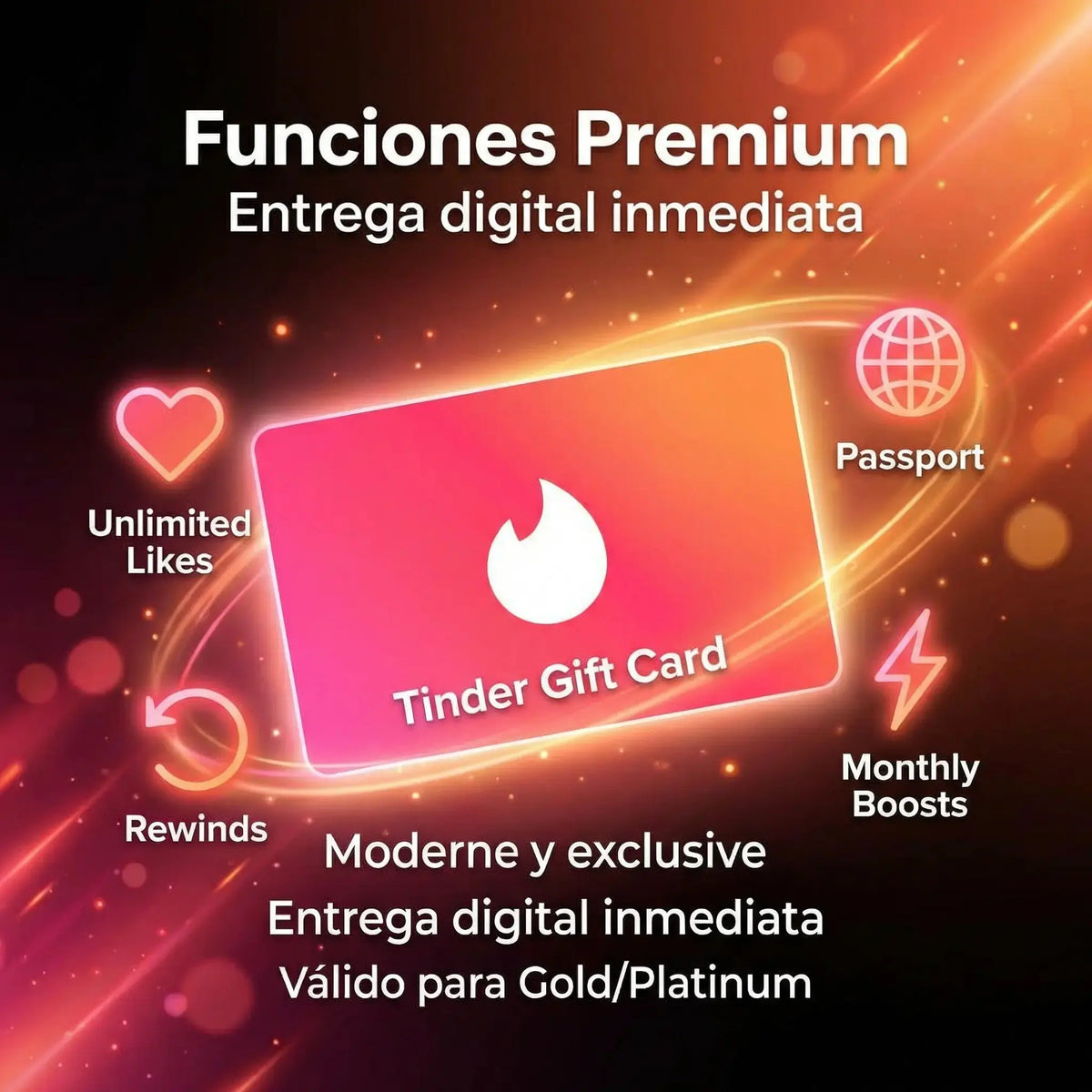 Tarjeta de regalo Tinder digital con entrega inmediata para activar Tinder Plus, Gold o Platinum